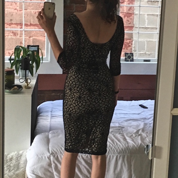 Black pattern mesh over nude bodycon midi dress - Picture 2 of 2